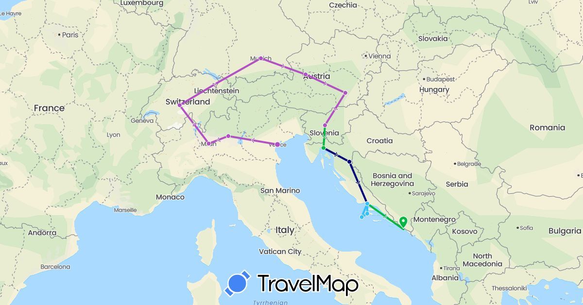 TravelMap itinerary: driving, bus, train, boat in Austria, Switzerland, Germany, Croatia, Italy, Slovenia (Europe)